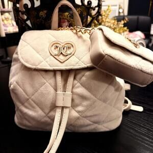 Juicy Couture Velour Backpack 2-in-1 Cream Crystal Heart Logo Bag NWT